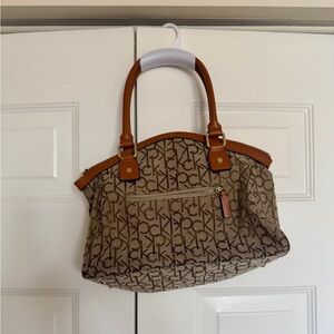 Calvin Klein Brown Tan Monogram Satchel with Caramel Handles